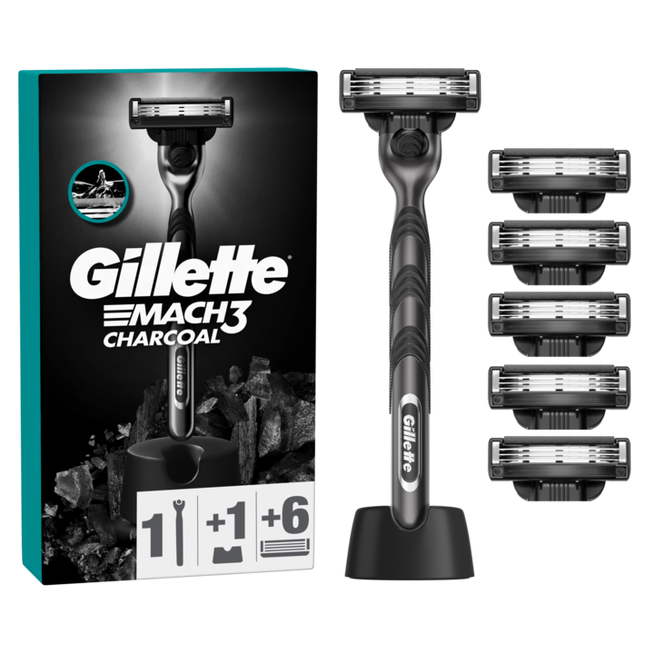 Самобръсначка Gillette Mach3 Charcoal, С поставка за самобръсначка, Дръжка + 5 резерви