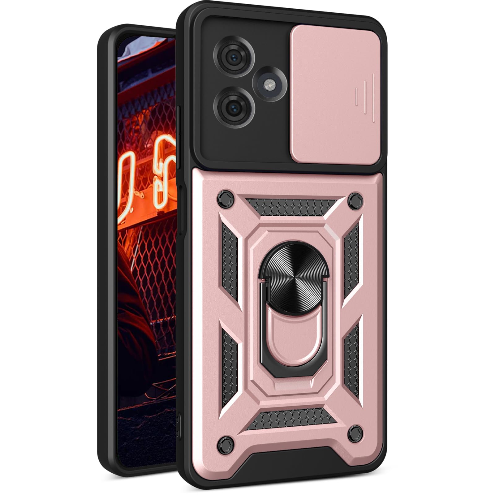 Husa telefon, pentru Motorola Moto G54 5G Capac de obiectiv al camerei glisante, inel rotativ 360°, Auriu rose