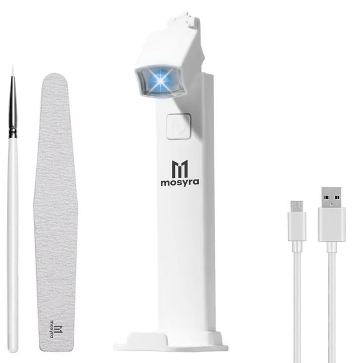 Lampa Unghii MOSYRA™, LED UV, Portabila fara Fir, Uscare Rapida Gel sau Lac Unghii, Baterie Reincarcabila, Autonomie 60 min, Suport Flexibil 270 grade, Pila Unghii si Creion Universal Manichiura incluse