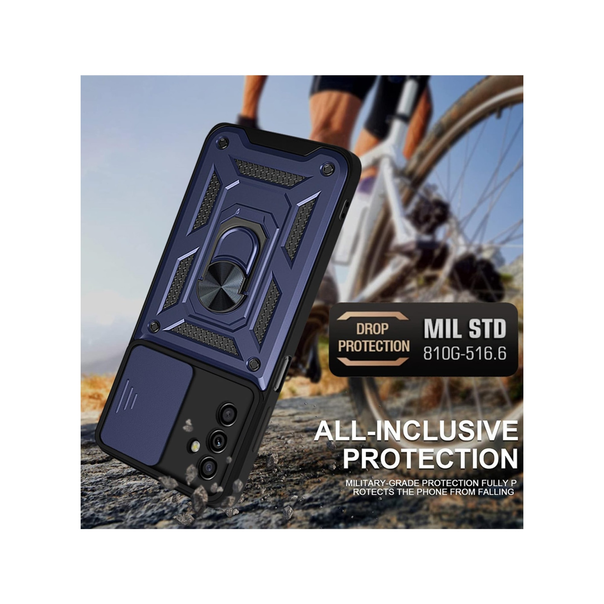 Husa telefon, pentru Samsung Galaxy A25 5G Capac de obiectiv al camerei glisante, inel rotativ 360°, Albastru