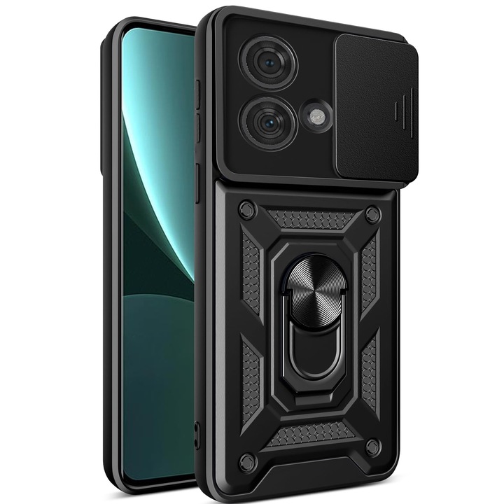 Калъф за телефон Motorola Edge 40 Neo 5G, въртяща се стойка, плъзгащ се капак на обектива, черен