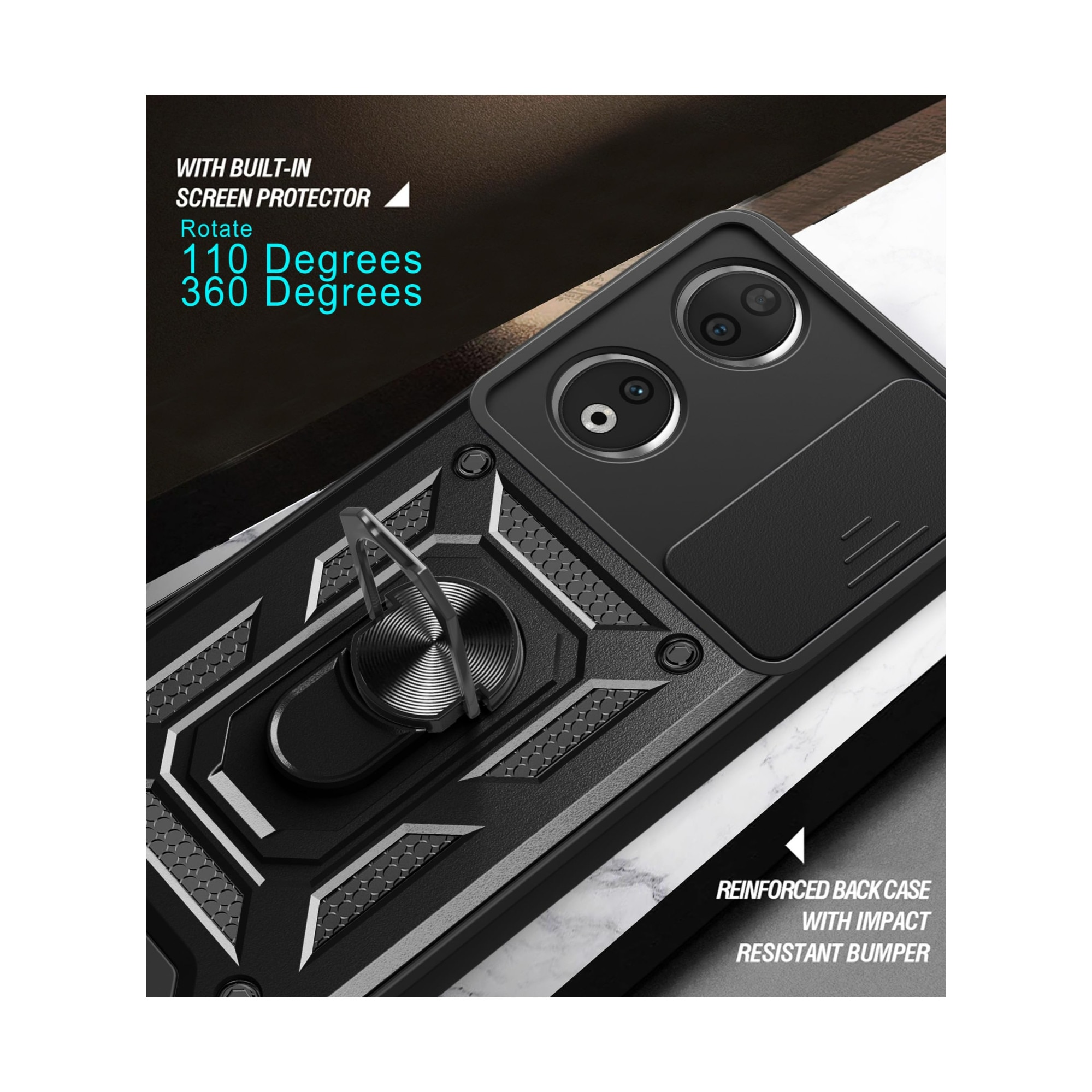 Husa telefon, pentru Honor 90 5G Capac de obiectiv al camerei glisante, inel rotativ 360°, Negru