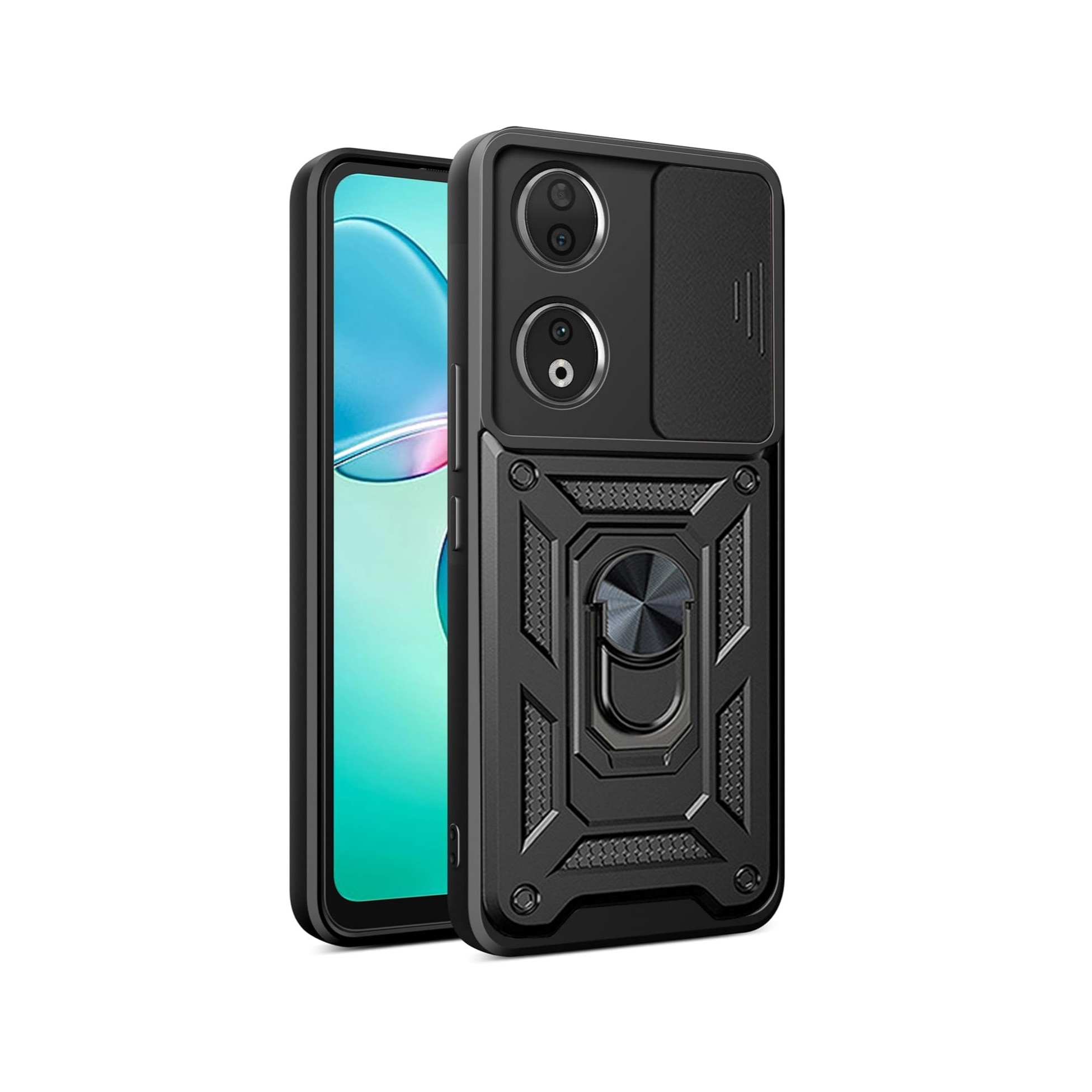 Husa telefon, pentru Honor 90 5G Capac de obiectiv al camerei glisante, inel rotativ 360°, Negru