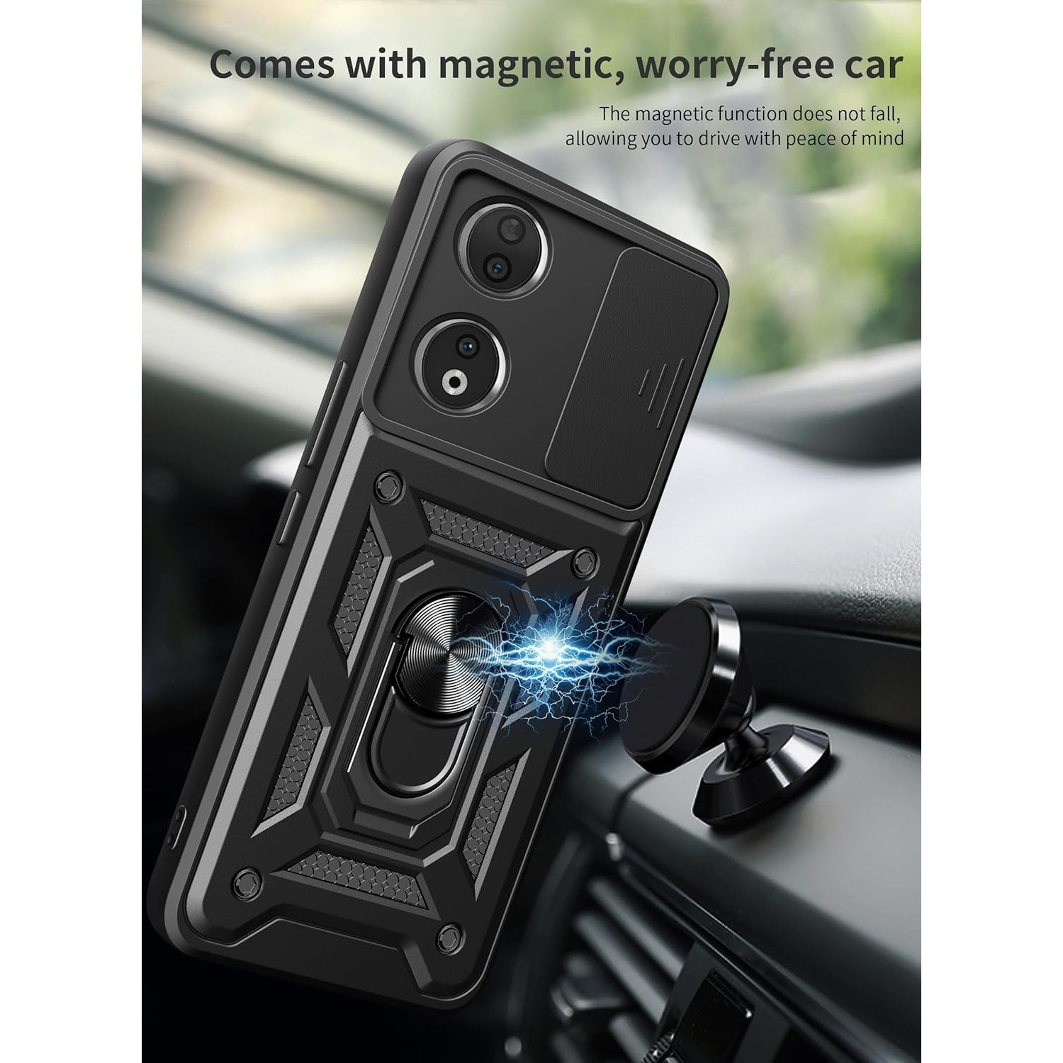 Husa telefon, pentru Honor 90 5G Capac de obiectiv al camerei glisante, inel rotativ 360°, Negru