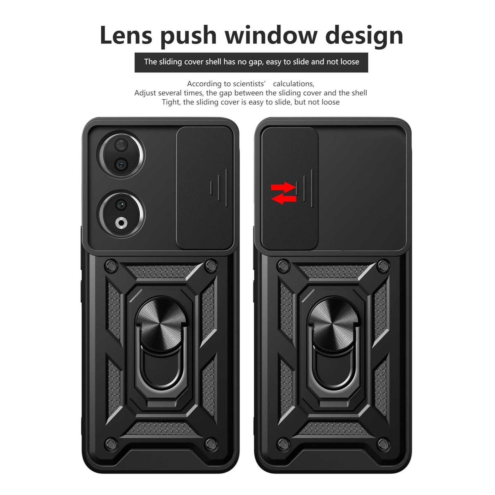 Husa telefon, pentru Honor 90 5G Capac de obiectiv al camerei glisante, inel rotativ 360°, Negru