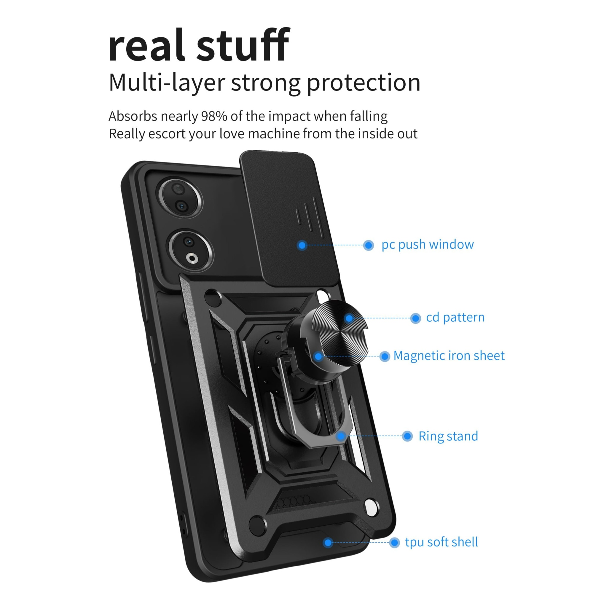 Husa telefon, pentru Honor 90 5G Capac de obiectiv al camerei glisante, inel rotativ 360°, Negru