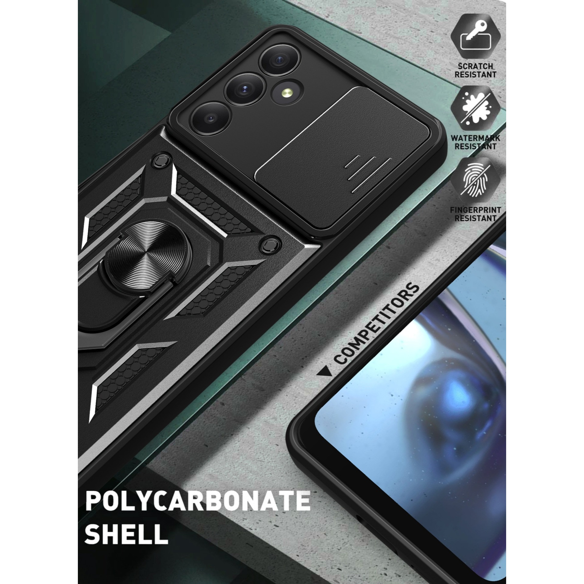 Husa telefon, pentru Samsung Galaxy A55 5G Capac de obiectiv al camerei glisante, inel rotativ 360°, Negru