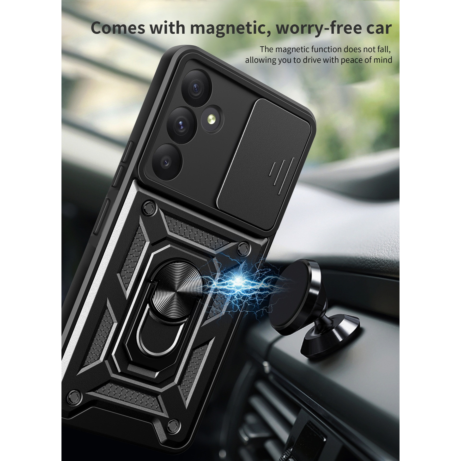 Husa telefon, pentru Samsung Galaxy A55 5G Capac de obiectiv al camerei glisante, inel rotativ 360°, Negru