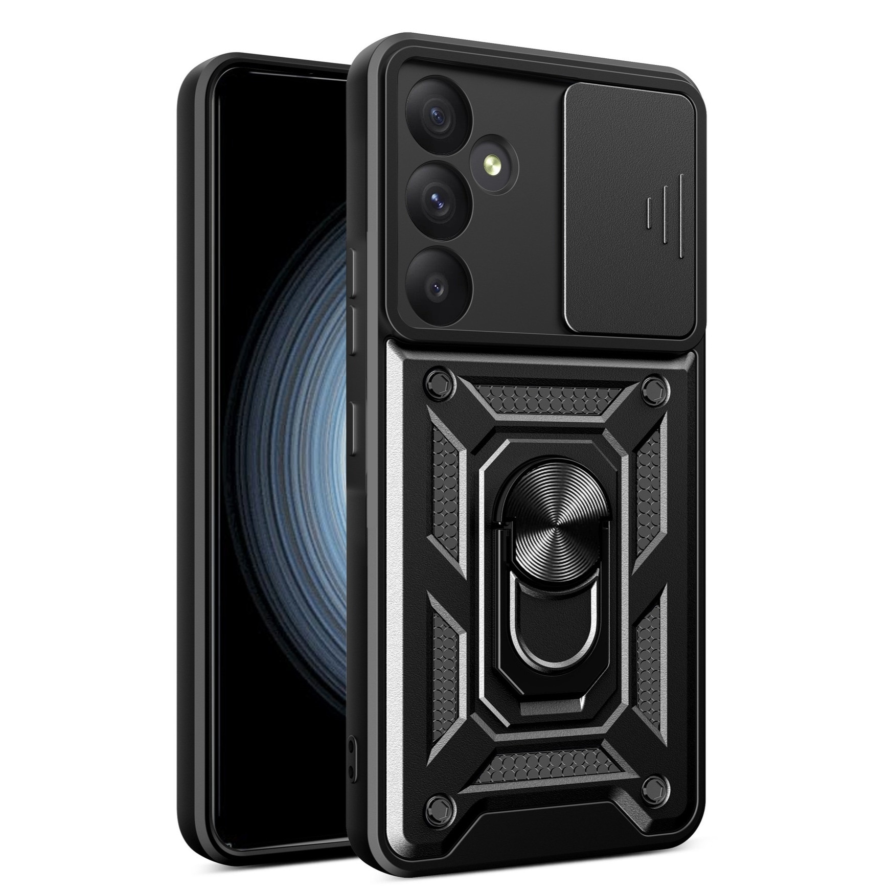 Husa telefon, pentru Samsung Galaxy A55 5G Capac de obiectiv al camerei glisante, inel rotativ 360°, Negru