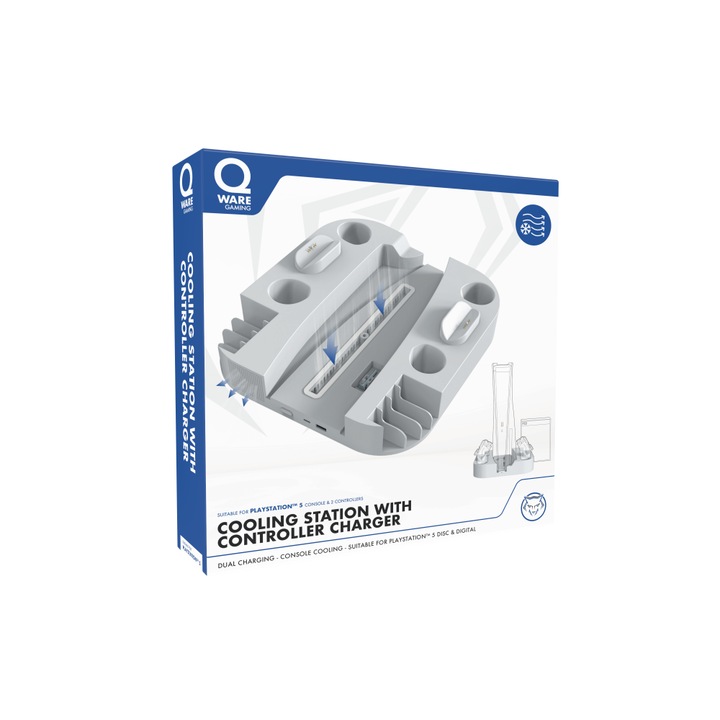 Qware QWPS5-5007, Охладителна станция за конзола и зарядно за контролер, PlayStation 5 Disc Edition & Digital Edition, Бял