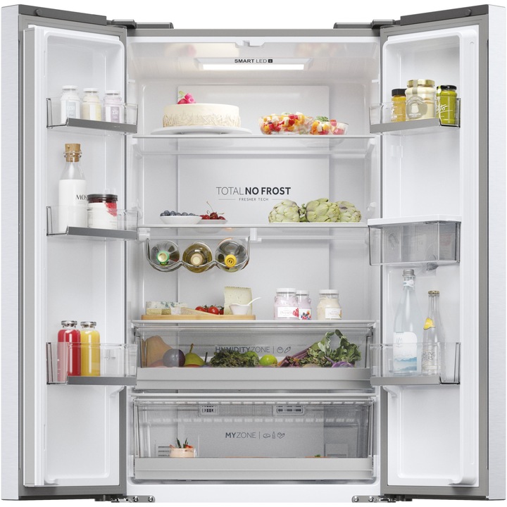 Side by side French Door Haier HFR5720EWMG, 477 l, Total No Frost, Clasa E, Air Surround, Humidity Zone, My Zone, Top Led, Dispenser apa, H 201 cm, Argintiu