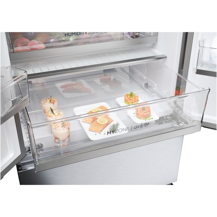 Side by side French Door Haier HFR5720EWMG, 477 l, Total No Frost, Clasa E, Air Surround, Humidity Zone, My Zone, Top Led, Dispenser apa, H 201 cm, Argintiu