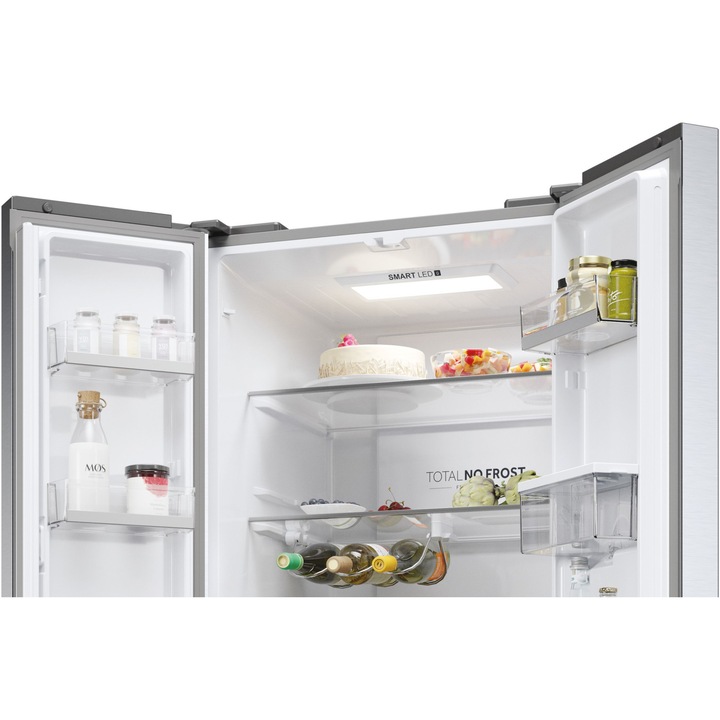 Side by side French Door Haier HFR5720EWMG, 477 l, Total No Frost, Clasa E, Air Surround, Humidity Zone, My Zone, Top Led, Dispenser apa, H 201 cm, Argintiu