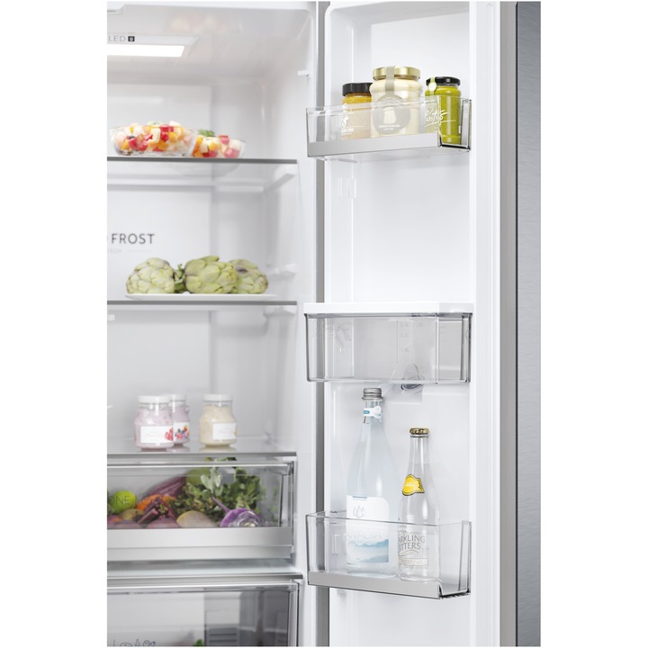 Side by side French Door Haier HFR5720EWMG, 477 l, Total No Frost, Clasa E, Air Surround, Humidity Zone, My Zone, Top Led, Dispenser apa, H 201 cm, Argintiu