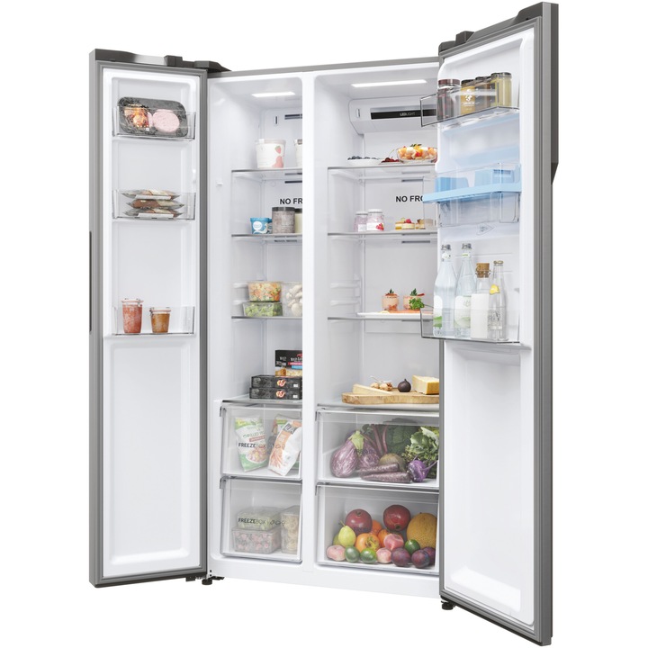 Side by side Haier HSR5918DWMP, 521 litri, Total No Frost, Multi air flow, Clasa D, SuperCooling, SuperFreezing, Holidays, dispenser apa, H 177 cm, Inox