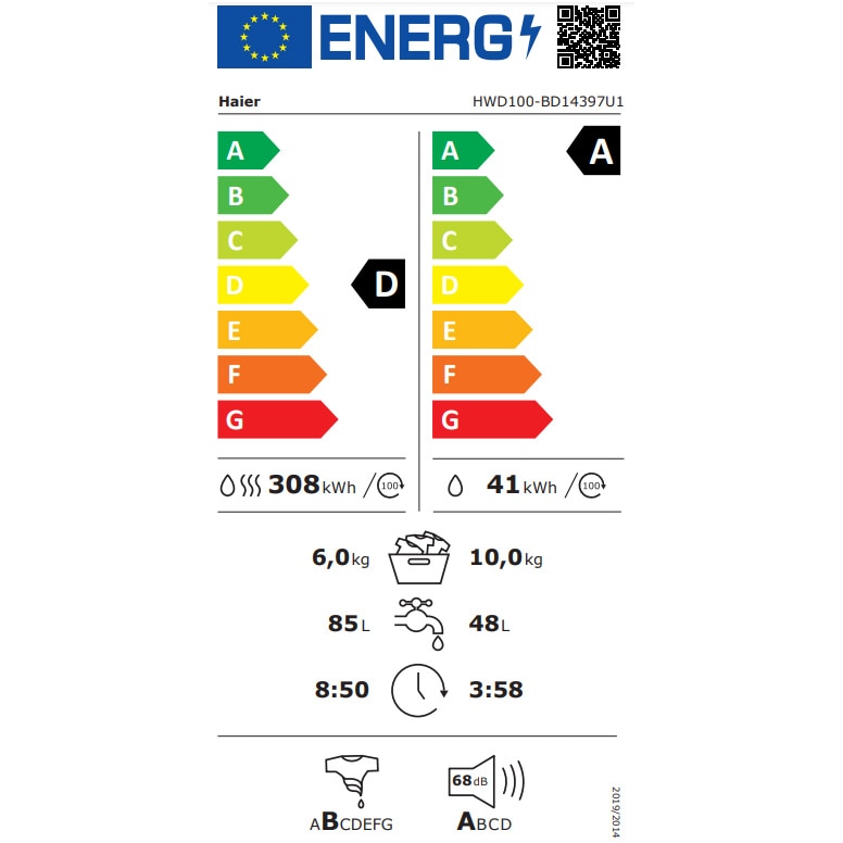 Masina de spalat rufe cu uscator Haier HWD100-B14397US, Spalare 10 kg, Uscare 6 kg, 1400 rpm, Motor Direct Motion, Clasa A, Ultra Fresh, WiFi, ABT, display LCD, Smart Dual Spray, Alb