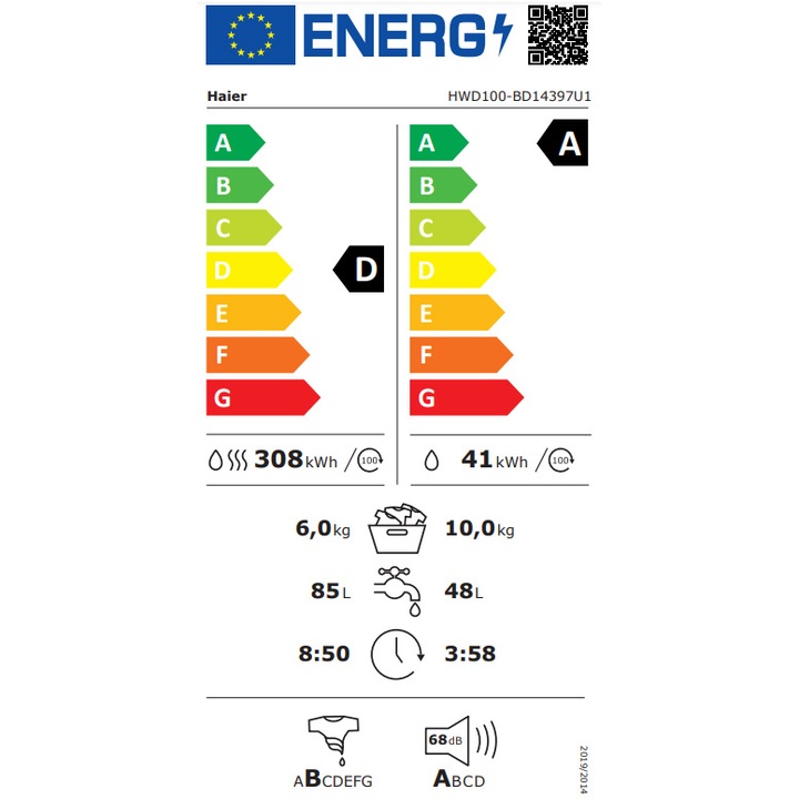 Masina de spalat rufe cu uscator Haier HWD100-B14397US, Spalare 10 kg, Uscare 6 kg, 1400 rpm, Motor Direct Motion, Clasa A, Ultra Fresh, WiFi, ABT, display LCD, Smart Dual Spray, Alb