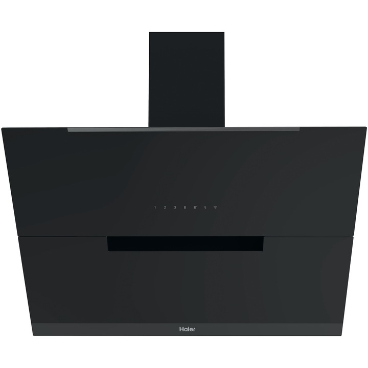 Hota incorporabila decorativa Haier HADG9CS46BWIFI, Putere de absorbtie 589 mc/h, 5 trepte de viteza, WiFi, Boost, Touch Control, Clasa A++, 90 cm, Neagra