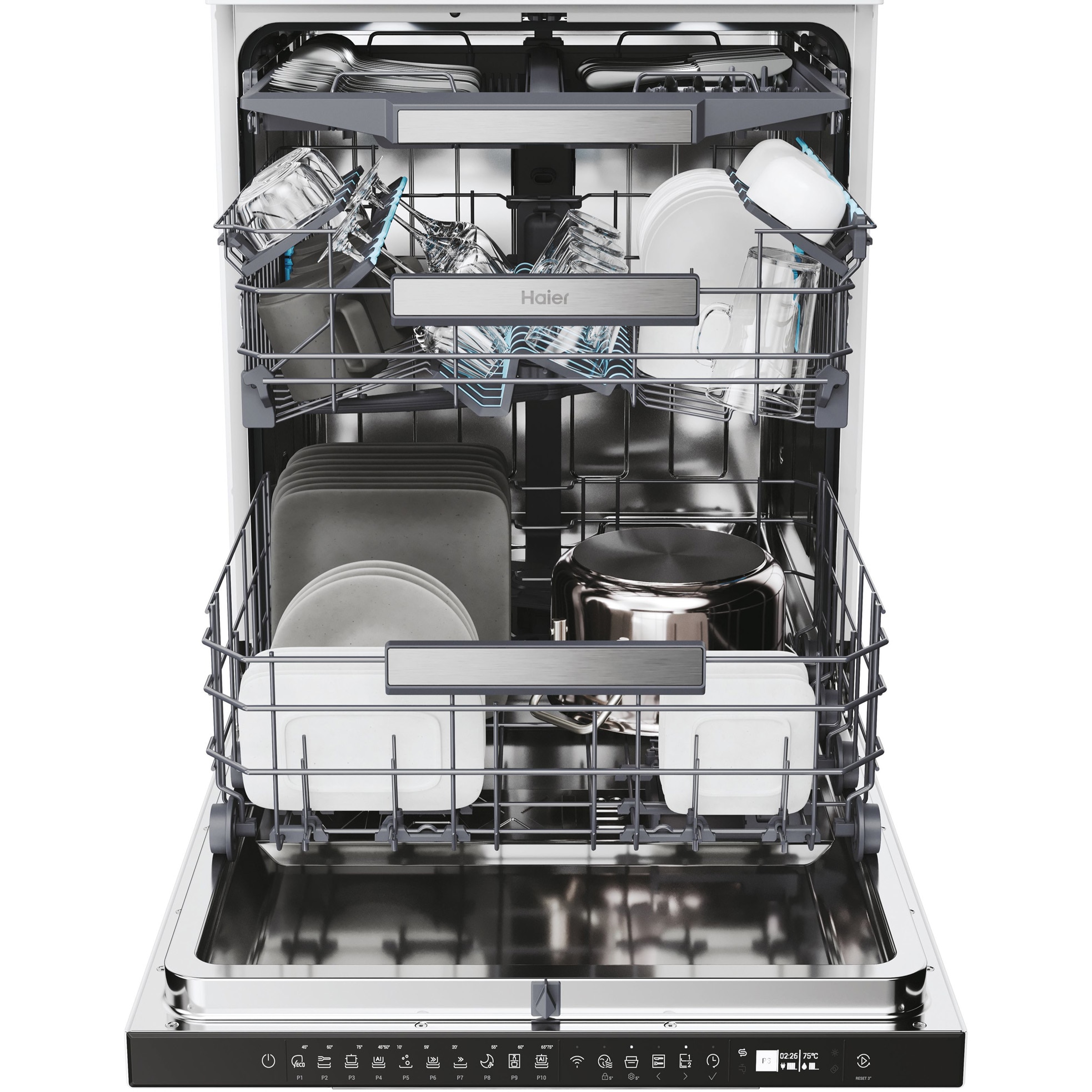 Masina de spalat vase Haier XF 6B2M3PW, 16 seturi, 10 programe, Clasa B, Motor Inverter, WiFi, H-Spray Arm, Flex Zone, Part Light, Powerwash, Automatic Open Door, 60 cm, Alb