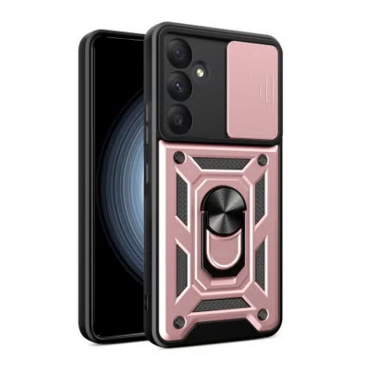 Husa telefon, pentru Samsung Galaxy A55 5G Capac de obiectiv al camerei glisante, inel rotativ 360°, Auriu rose
