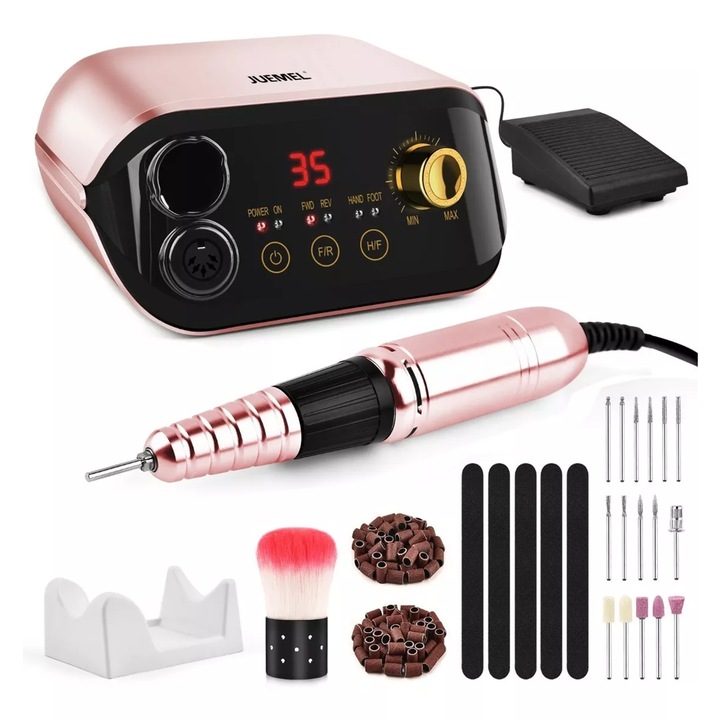 Freza Unghii Profesionala, Juemel, M8868RG, 35000 RPM, cu pedala si rotatie inainte/inapoi, zgomot redus, vibratii reduse, pentru instrumente de manichiura pedichiura pentru unghii cu gel acrilic, Auriu roz