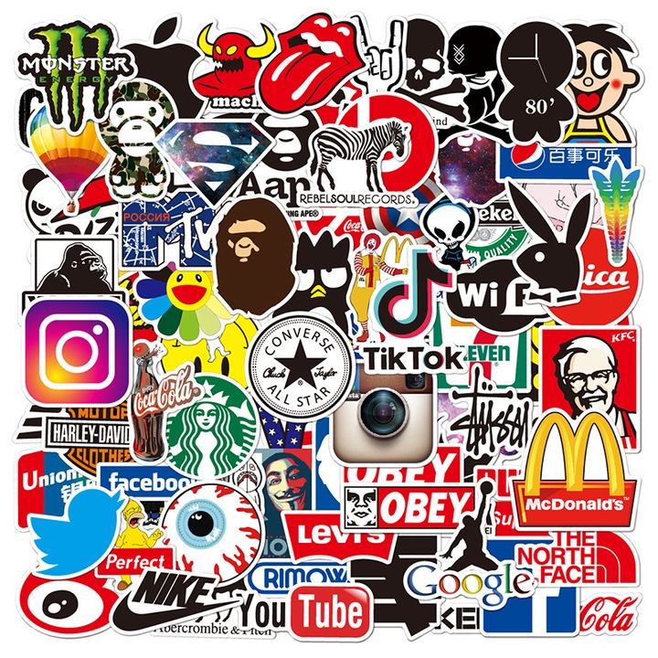 Set 100 Stickere Decorative Rqiurpn, Tema Graffiti, usor de aplicat, pentru lipit pe laptop, telefon, PC, Genti voiaj, piese auto de interior, Rezistente la Apa, Multicolor