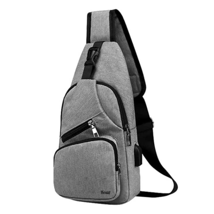 Мъжка чанта Kosiil, с USB порт, Anti-Theft, найлон, 30x16x6 см, Сива