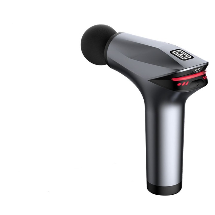 Aparat pentru masaj professional ACFAPRO™, Tip pistol, Pentru Gat, Spate, Maini, Picioare, 5 Capete, 8 Viteze, Intre 1800-3200 rpm, Motor fara perii extrem de silentios, Acumulator de 1800 mAh, Autonomie pana la 8 ore, Ecran LCD, Design elegant, Gri