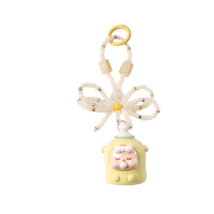 Breloc pandantiv forma biberon, rasina si margele, galben, 16.5cm