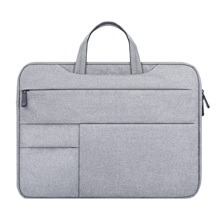 Geanta laptop portabila Timebox, 13'', 14'', 15'', 16'' inch, pentru notebook, ultrabook, captusit interior cu microfibra, 3 buzunare exterioare, impermeabila, compatibila Macbook Pro, Air, Gri