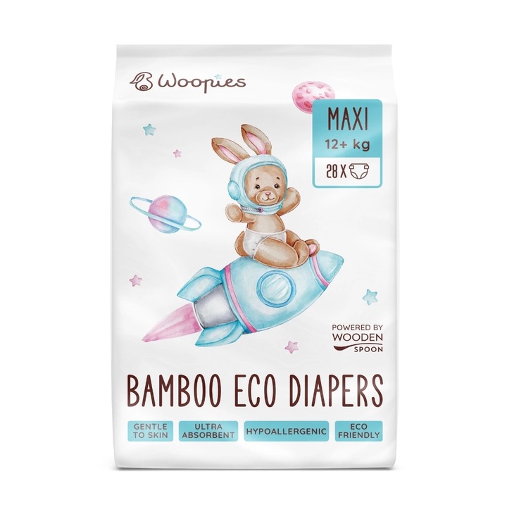 Scutece eco cu fibre de bambus maxi, 12+kg, 28buc, Wooden Spoon