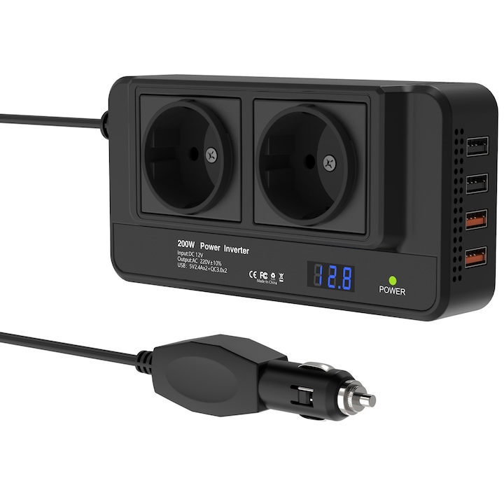 DC/AC автомобилен инвертор, Axroad Mall, 12V, 200W, 2 x USB 2.4 A порта, 2 x QC3.0 порта, цифров дисплей, с интелигентен вентилатор за охлаждане, запалка, метал/пластмаса, 16,8*8,3*3,3 см, черен