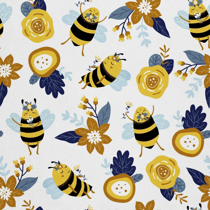 Textil anyag, Méhek és virágok, Poliészter 100%, 210g/pm, Méret: 100cm x 155cm