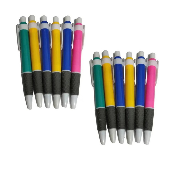 Комплект от 12 части, Цветни химикалки с гумено гнездо против плъзгане, Многоцветни