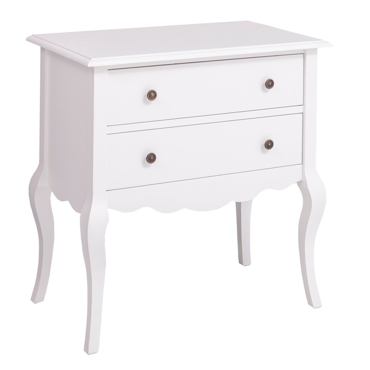 Consola cu picioare curbate, 2 sertare, culoare alb P004, vopsit, 100% lemn masiv, 80x82x48 cm