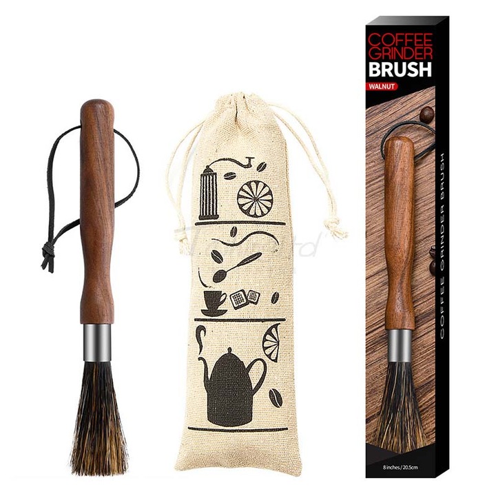 Set perie de curatare pentru espressor, Senmase, material de calitate, maner nuc, 20.5x2cm, maro