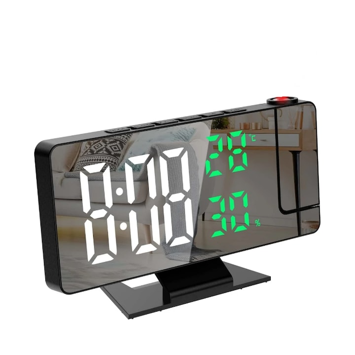 Цифров настолен часовник, огледален LED дисплей, аларма, дисплей за влажност и температура, регулиране на яркостта, захранване от USB или батерия, проекция на времето на тавана или стените