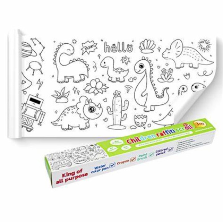 Plansa desen auto-adeziva Copii, decupabila, pentru desenat si colorat, poate fi lipita pe orice suprafata, usi, peretI, masa, podea, decolantare usoara, 3m x 30cm, Model Dinozaur