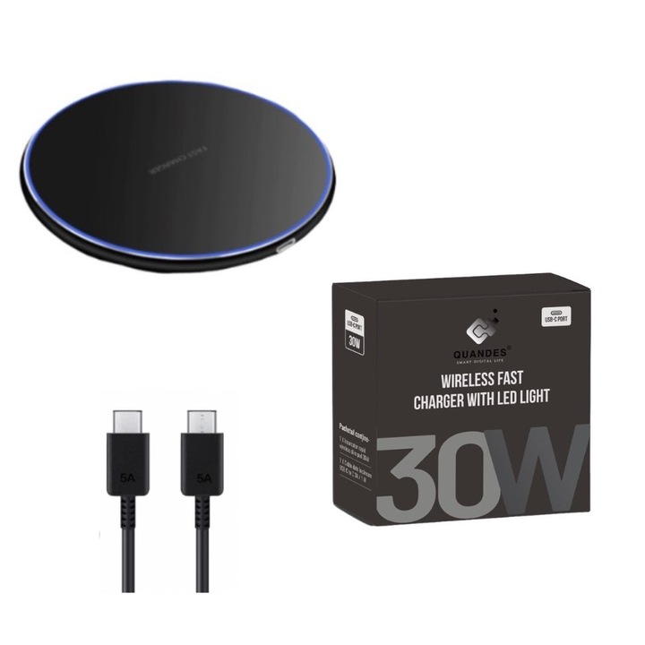 Incarcator Wireless super Fast Charging 30W, Pad QI, QUANDES®, compatibil cu iPhone 14, 13, 12, 11 Samsung s23, s22, s21, s20
