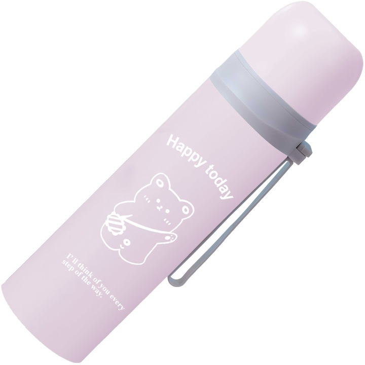 Termos Calatorie Retoo din INOX cu Pereti Dubli, Capac Functie Pahar si Buton Antiscurgere, Capacitate 500ml, Rezistent la Rugina si la Scurgeri, Pastreaza Bautura Fierbinte sau Rece, Roz Deschis