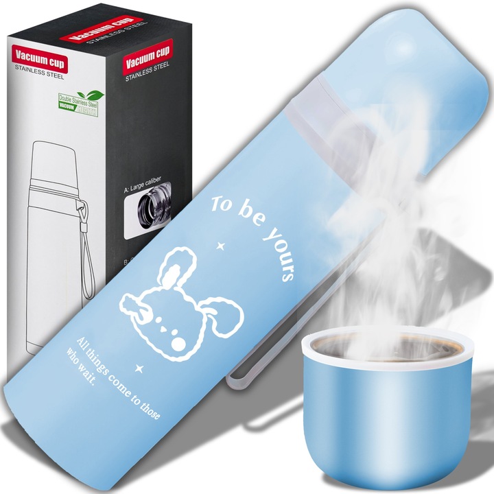 Termos Calatorie Retoo din INOX cu Pereti Dubli, Capac Functie Pahar si Buton Antiscurgere, Capacitate 500ml, Rezistent la Rugina si la Scurgeri, Pastreaza Bautura Fierbinte sau Rece, Albastru