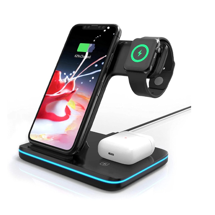 Statie de incarcare wireless YOXINTA 3 in 1, pentru iPhone 15/14/13/12/11/Pro/X/Max/XS/XR/8/Plus, pentru Apple Watch 7/6/5/4/3/2/SE, pentru Airpods 3/2/Pro, Negru