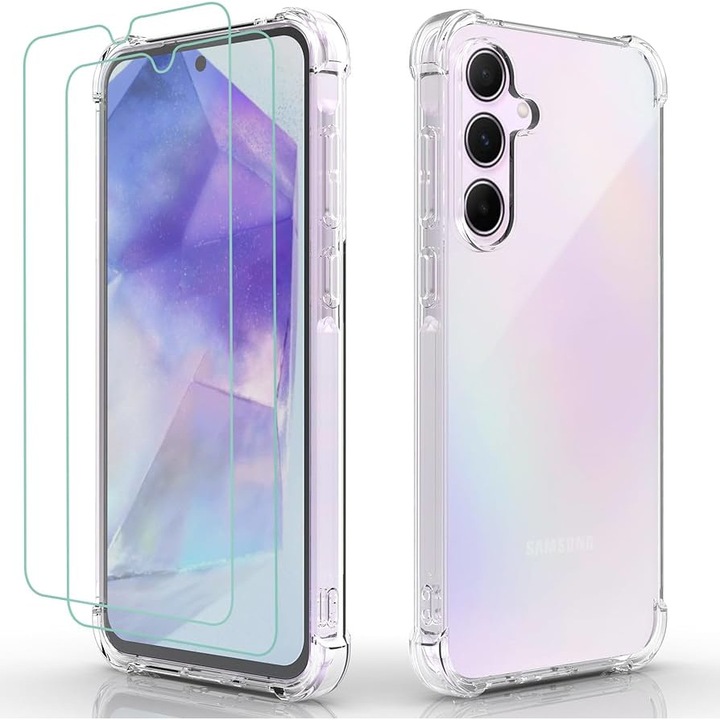 Set Husa pentru Samsung Galaxy A55 5G si Folie Ecran, Silicon Antishock, Transparent, BzStore