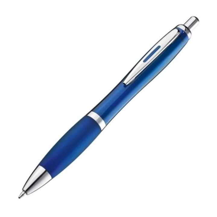 Химикалка с неплъзгаща се гума, синя, с копче, син повод