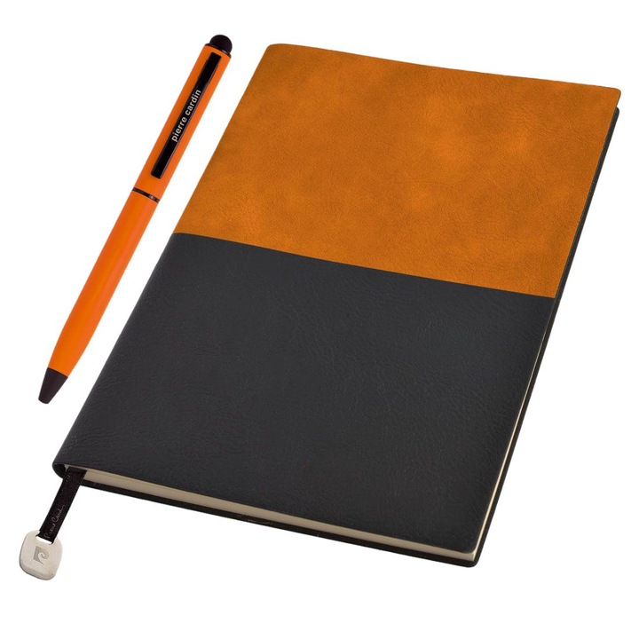 Комплект дневник А5 с химикал REPORTER, Pierre Cardin, екологична кожа/алуминий, оранжев/черен, 160 стр.