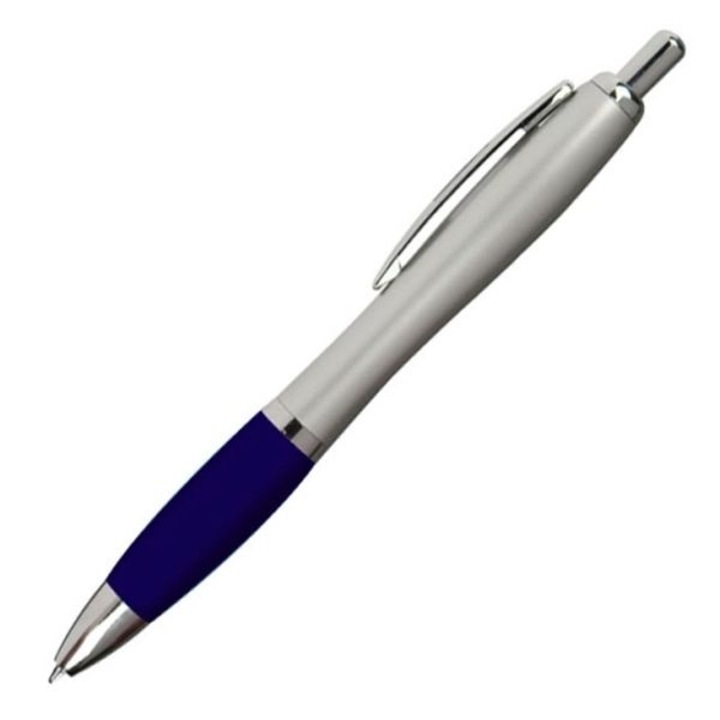 Нехлъзгаща се гумена химикалка, сребристо/синя, с копче, син повод