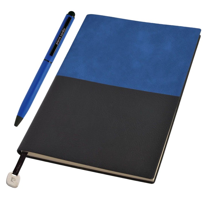 Комплект дневник на точки А5 и химикал REPORTER, Pierre Cardin, Алуминий/Екологична кожа, черно/синьо