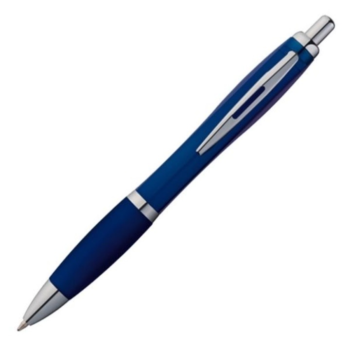 Химикалка с противоплъзгаща гума, синя с лъскави елементи, с копче, син повод