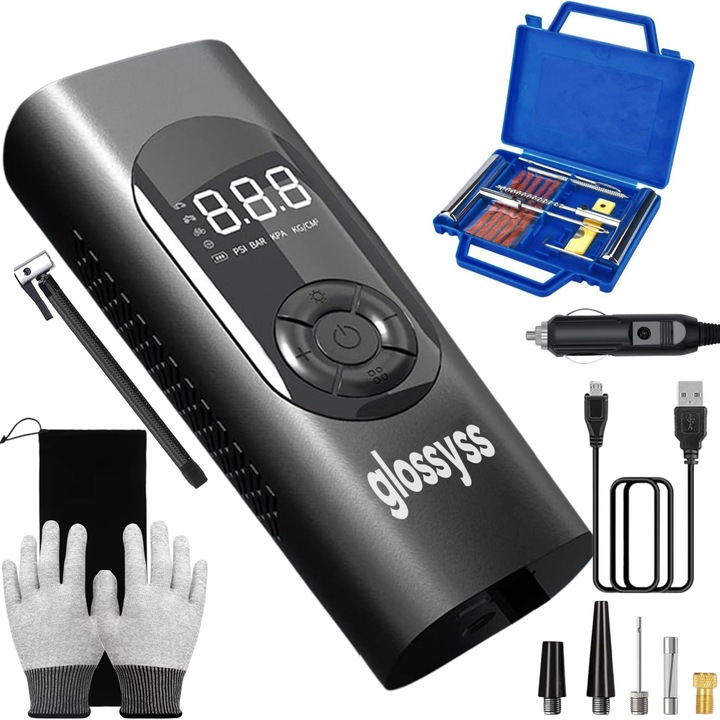 Compresor Auto Portabil Glossyss™, Ecran Digital, Functie Manometru, Baterie Externa, Lanterna LED, 6000 mAh, 150 PSI, Kit Profesional Vulcanizare Rapida, 4 capete de umflare, Husa depozitare si Manusi Auto incluse