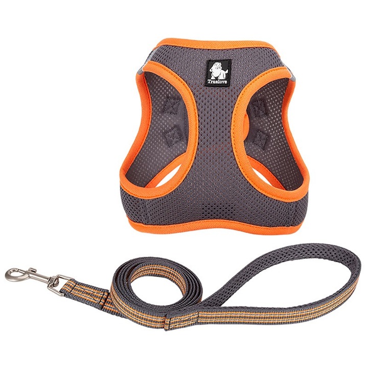 Set ham si lesa Truelove din plasa respirabila pentru animale de companie, moale, premium, marime S, gri/portocaliu, lesa 120 cm